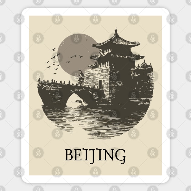 Beijing T-Shirt | Vintage Chinese Pagoda & Bridge Illustration Tee Magnet by TuncGK